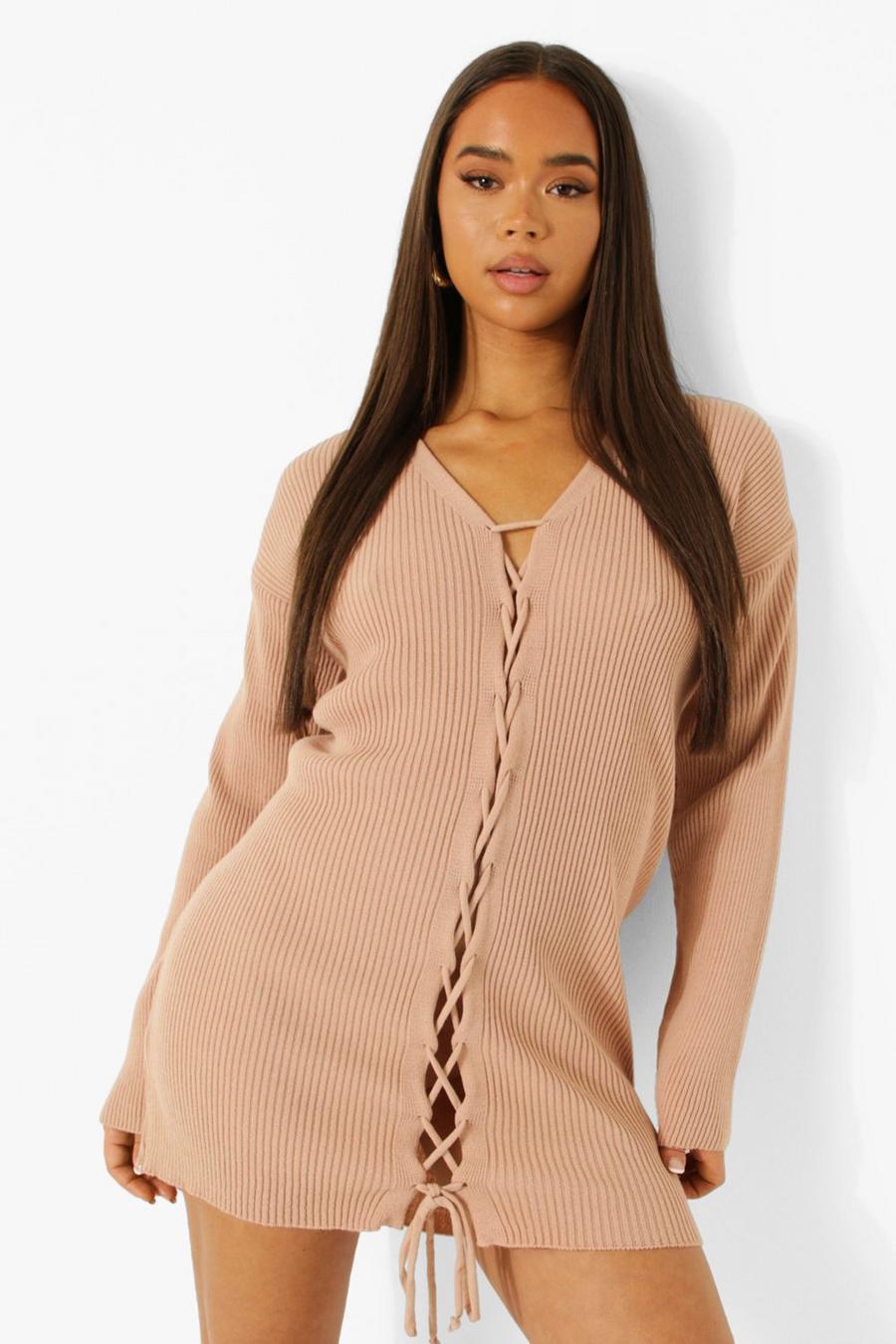Nude Lace Up Detail Off The Shoulder Knitted Dress image number 1