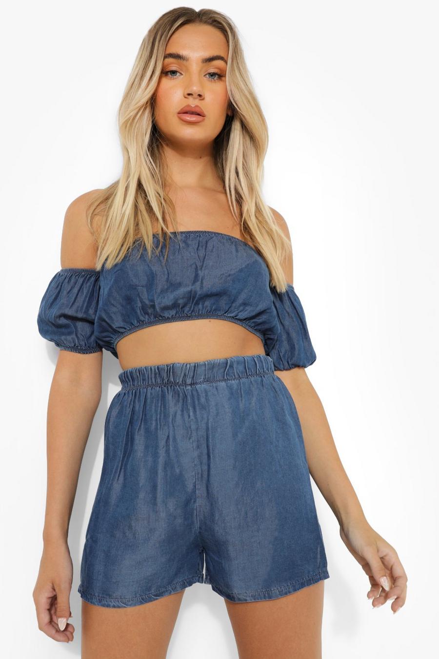 Mid blue Chambray Flowy Shorts image number 1