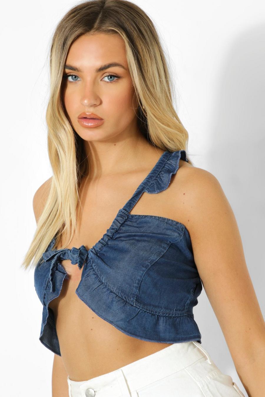 Mid blue Ruched Ruffle Halter Denim Top image number 1
