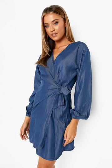 Balloon Sleeve Wrap Denim Dress mid blue