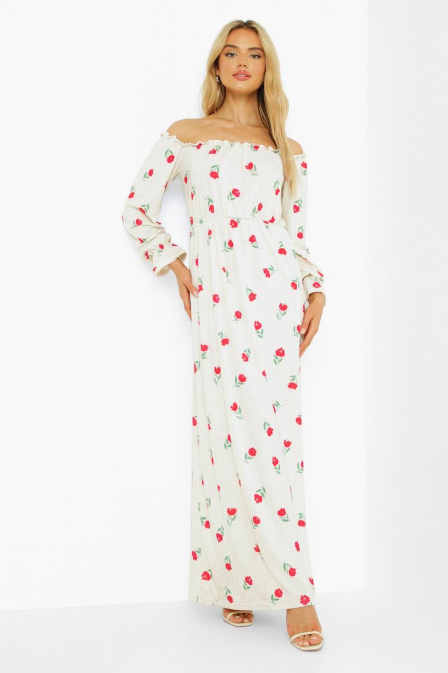 White Floral Off The Shoulder Puff Sleeve Maxi Dress image number 1