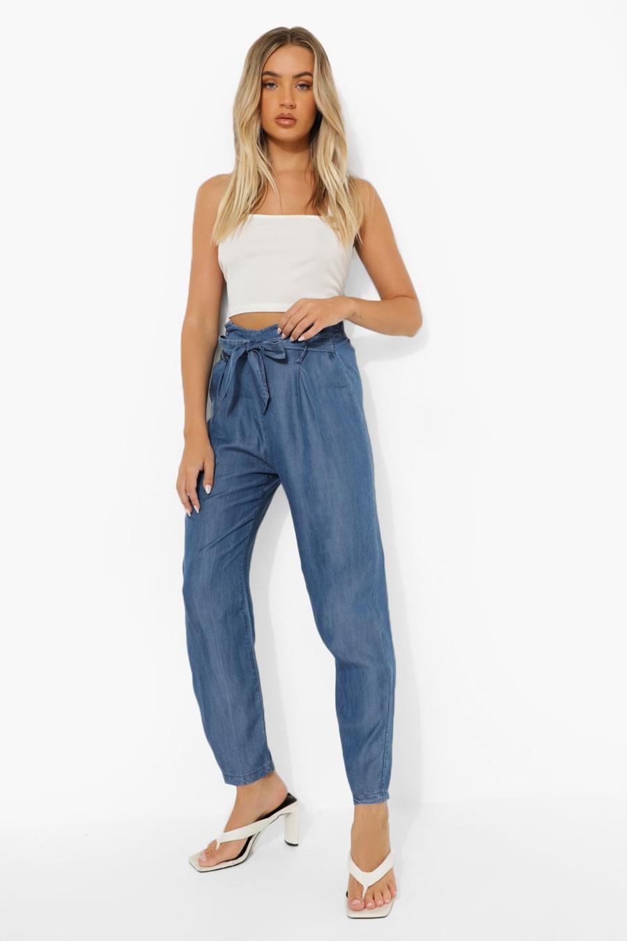 Mid blue Belted Pleat Front Denim Cropped Trouser