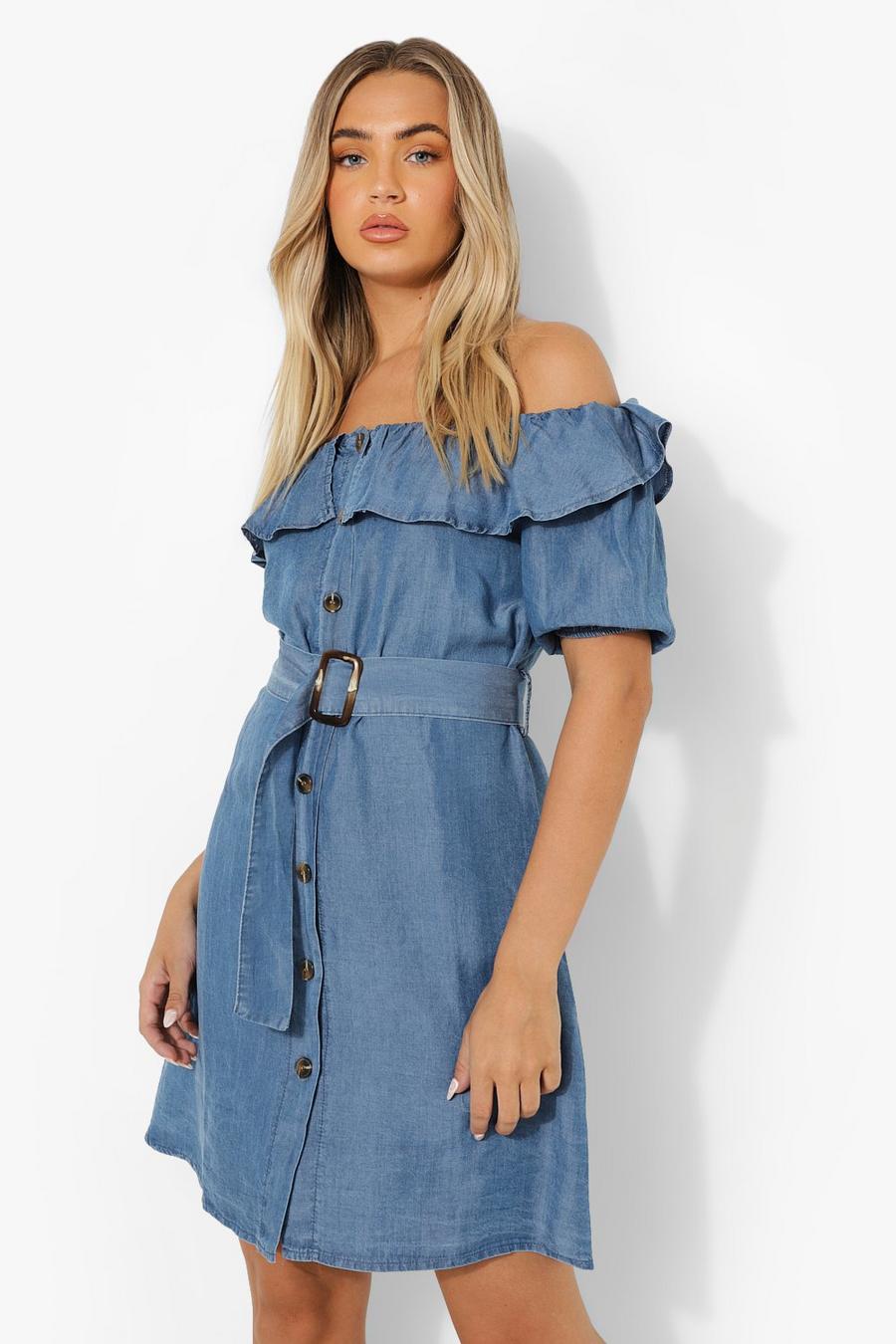 Mid blue Ruffle Off The Shoulder Button Down Denim Dress image number 1