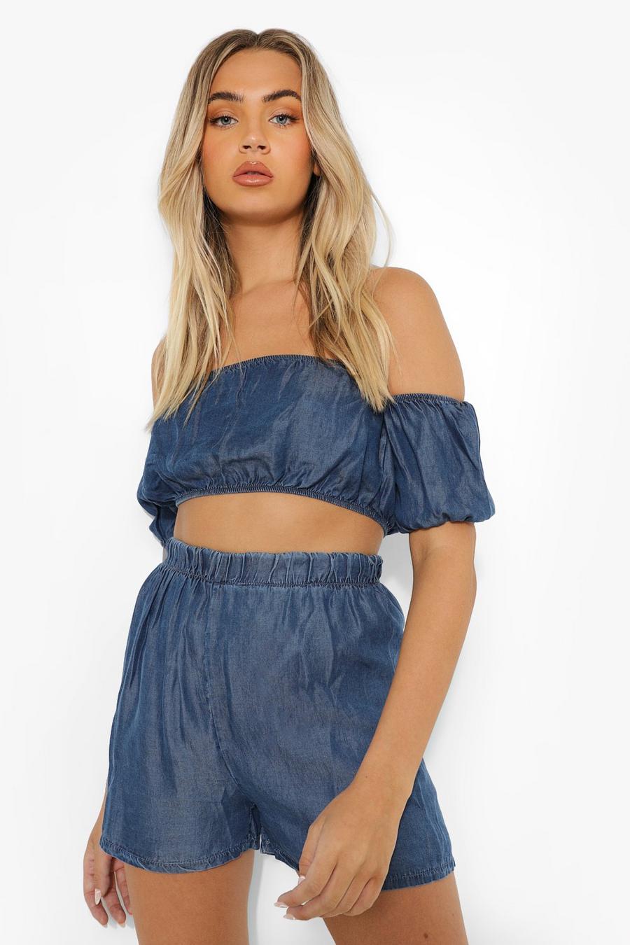 Mid blue Crop top i denim med puffärm image number 1