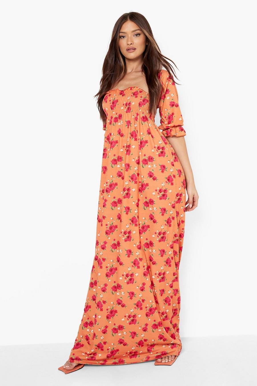 Orange Floral Shirred Maxi Dress image number 1