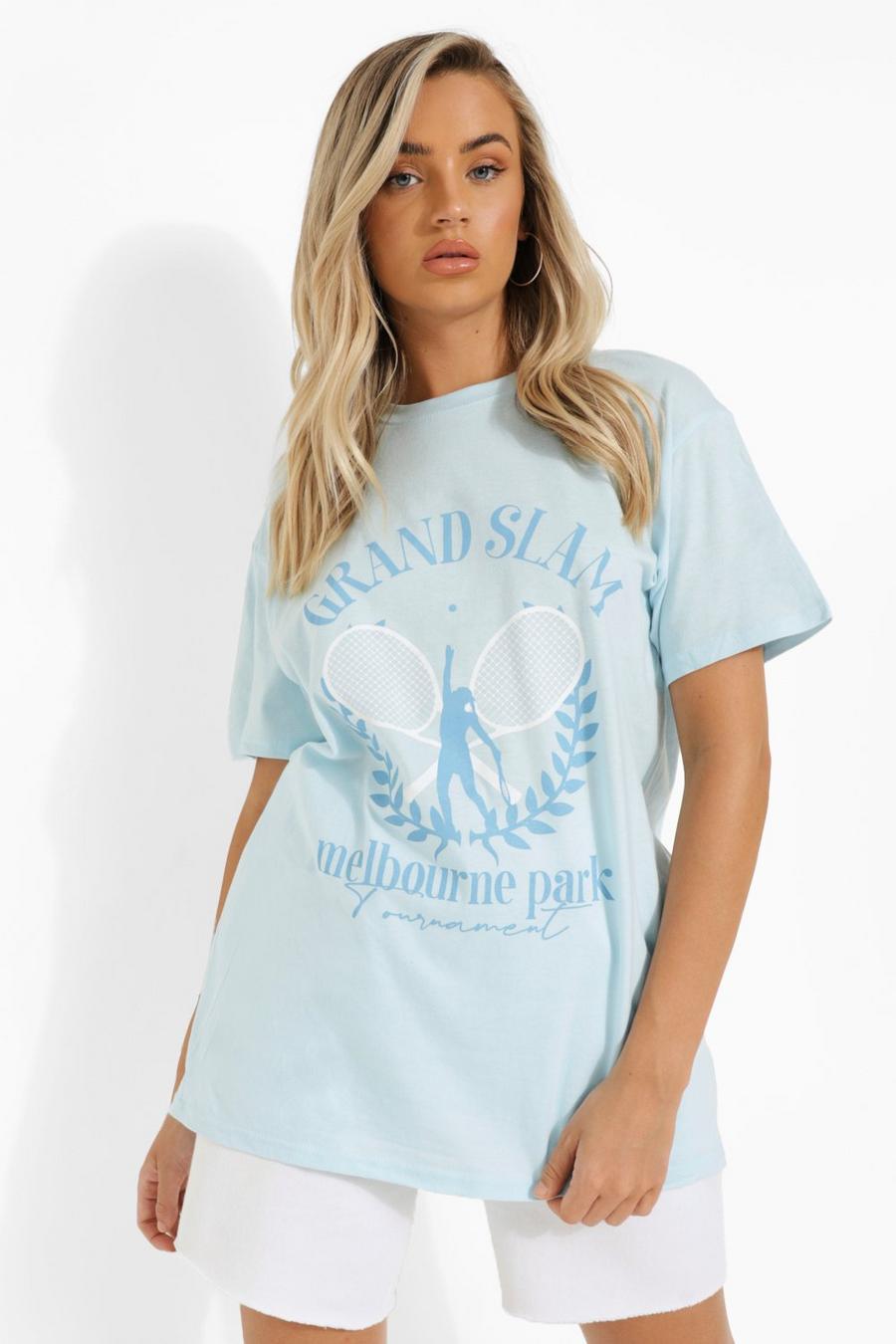 Camiseta ancha con estampado de tenis, Azul claro image number 1