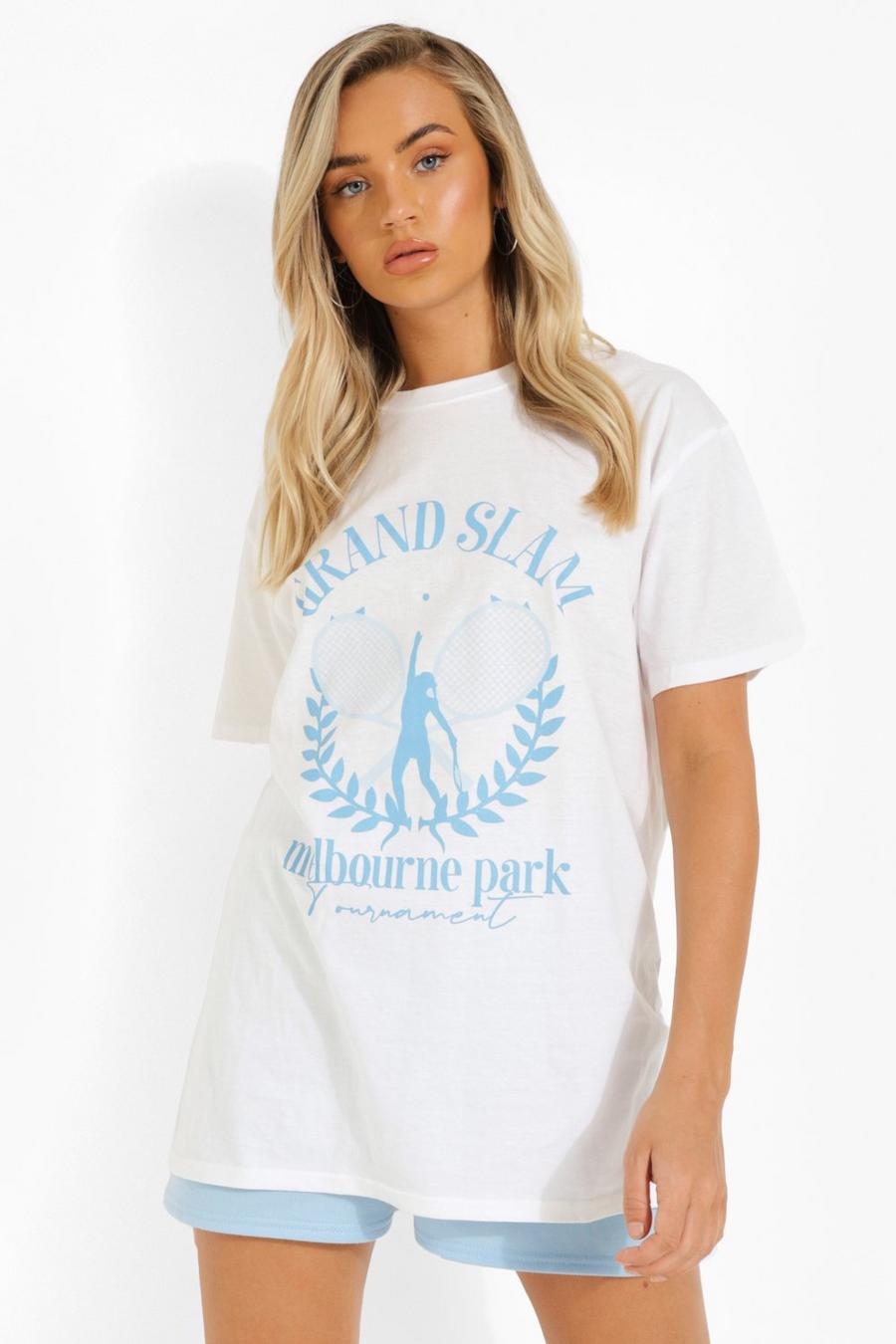 Camiseta ancha con estampado de tenis, Blanco image number 1