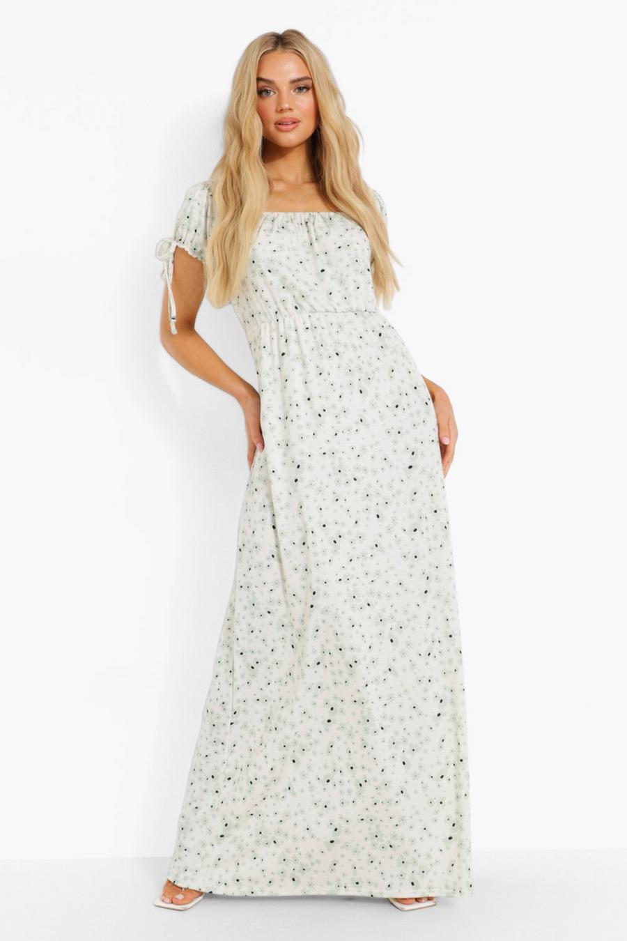 White Floral Puff Sleeve Maxi Dress image number 1