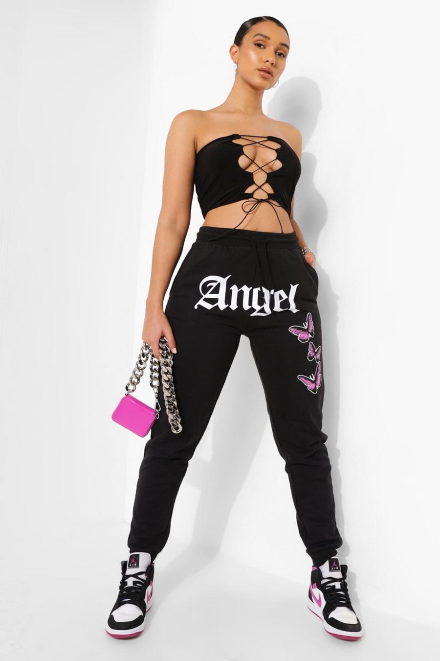 Black Angel Front Print Butterfly Joggers image number 1