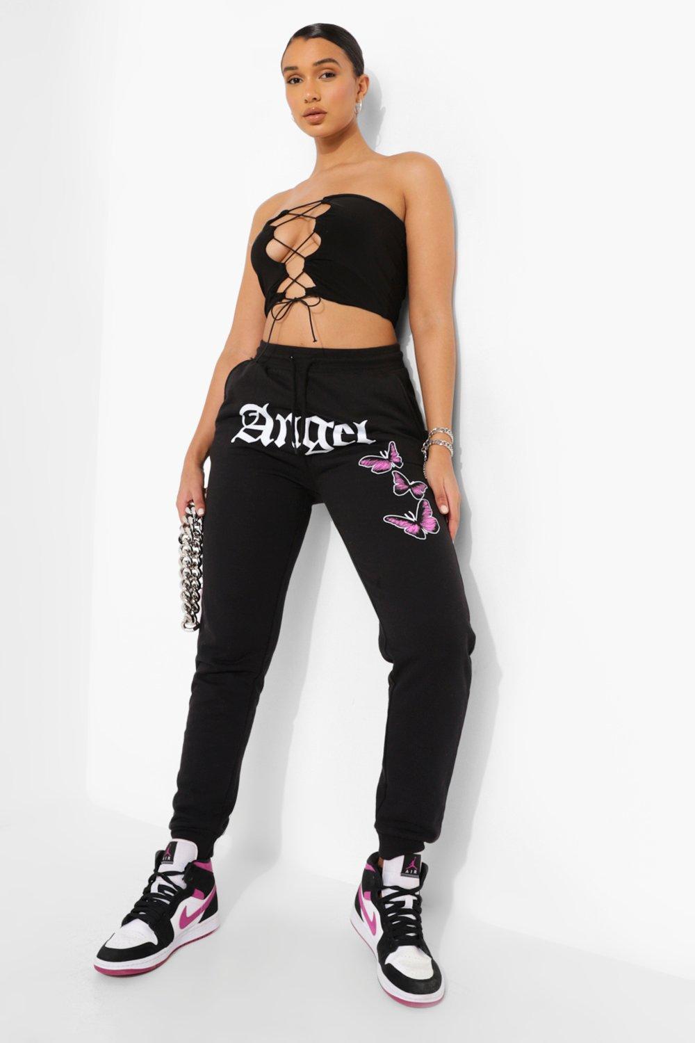 Black Angel Front Print Butterfly Joggers