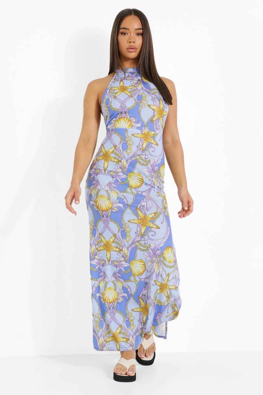 Blue Shell Print Halterneck Low Back Maxi Dress image number 1