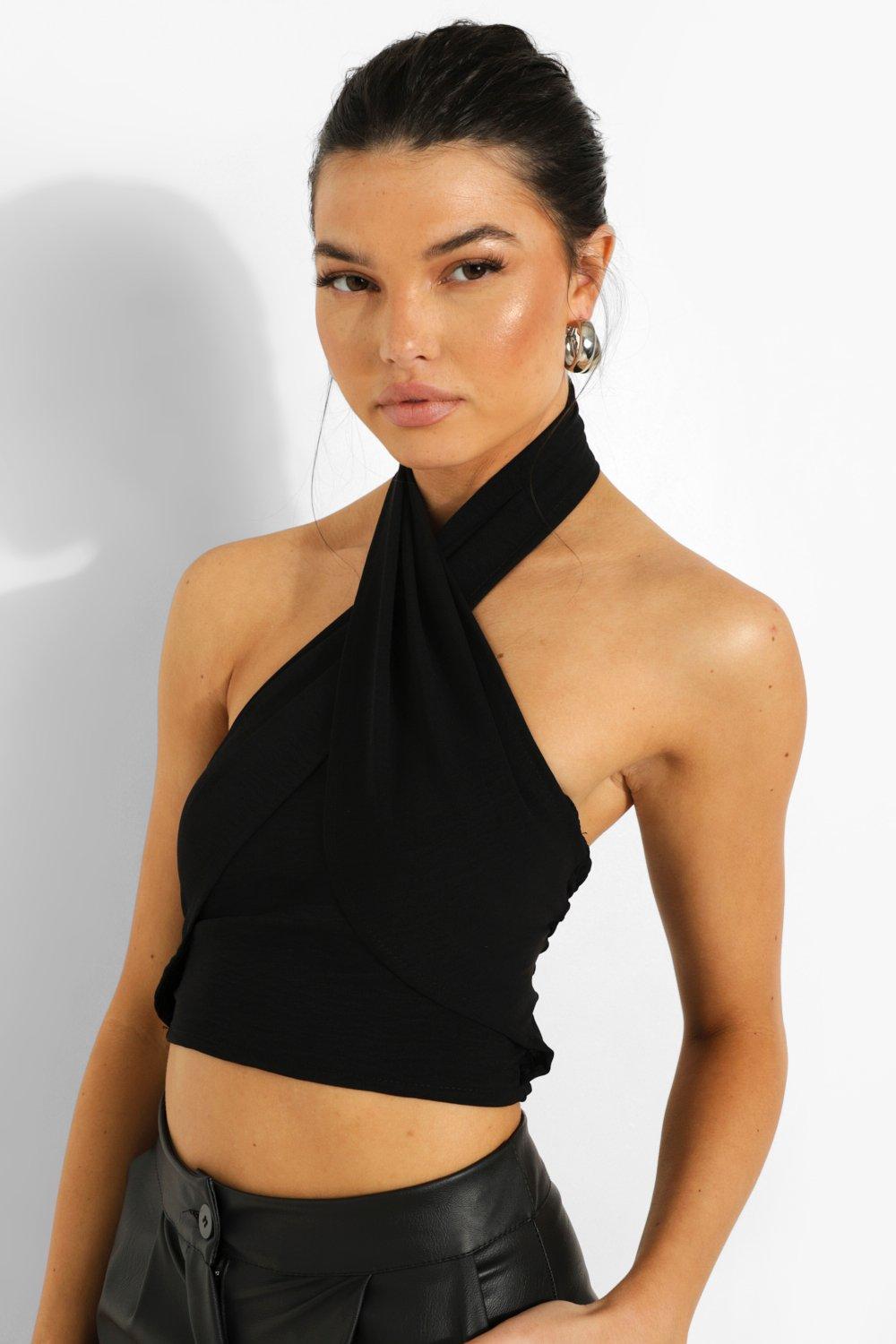 Black halter neck tops sales uk