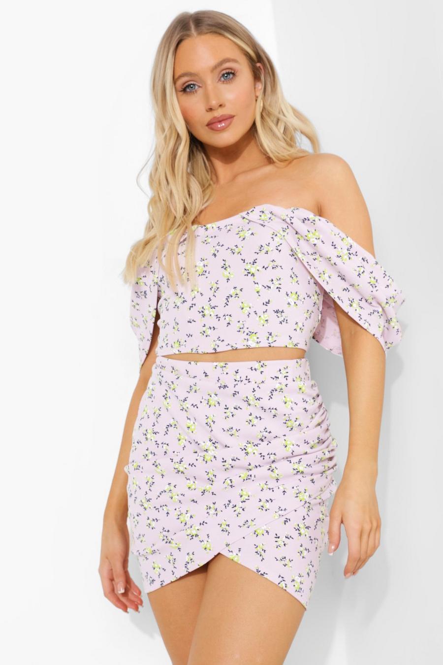 Lilac purple Ditsy Floral Off The Shoulder Corset & Ruched Skirt