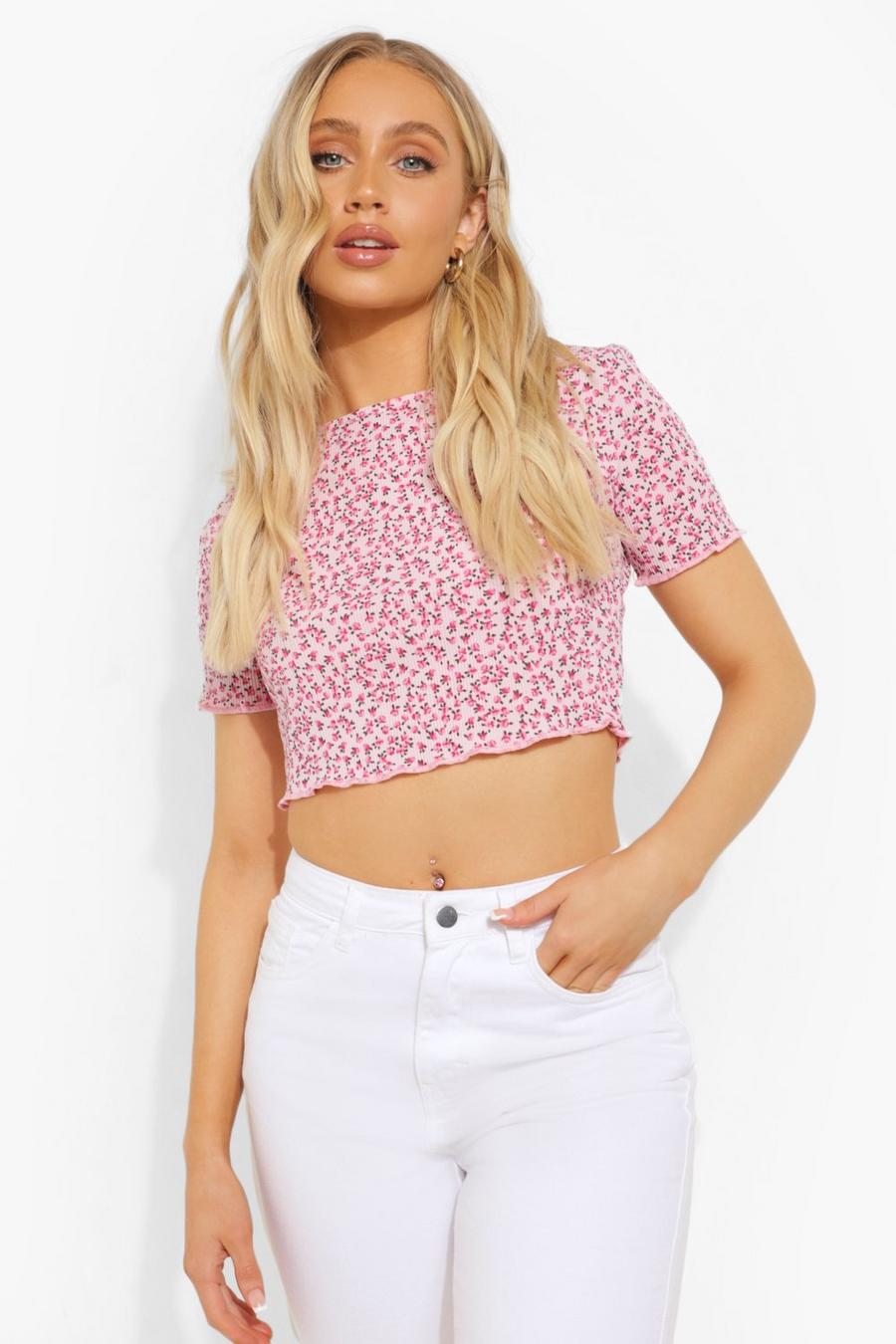 Camiseta con bajo ondulado y estampado de flores, Baby pink image number 1