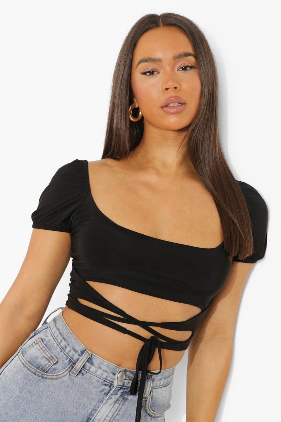 Black Double Layer Wrap Around Detail Crop Top image number 1