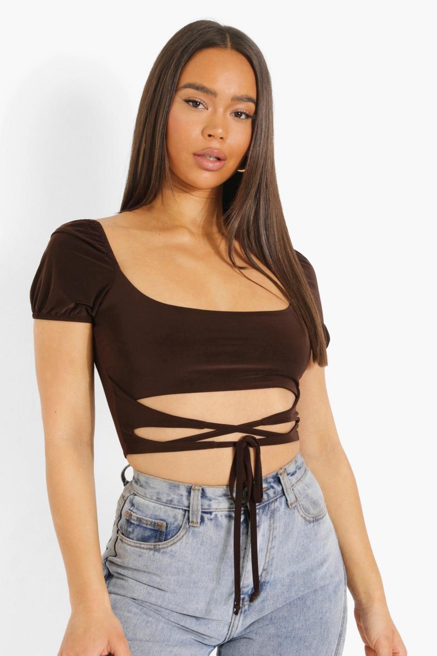 Chocolate Double Layer Wrap Around Detail Crop Top image number 1