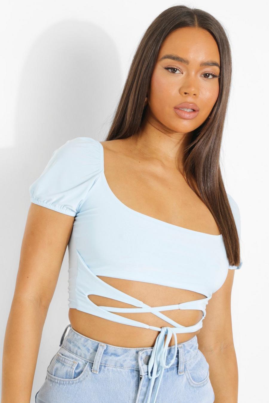 Pastel blue Double Layer Wrap Around Detail Crop Top image number 1