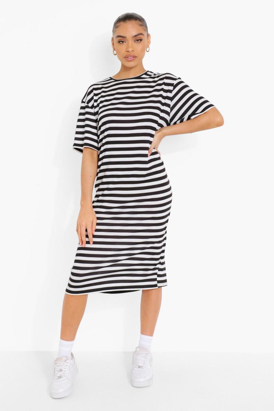 Black Stripe Short Sleeve Midi T Shirt Dress image number 1