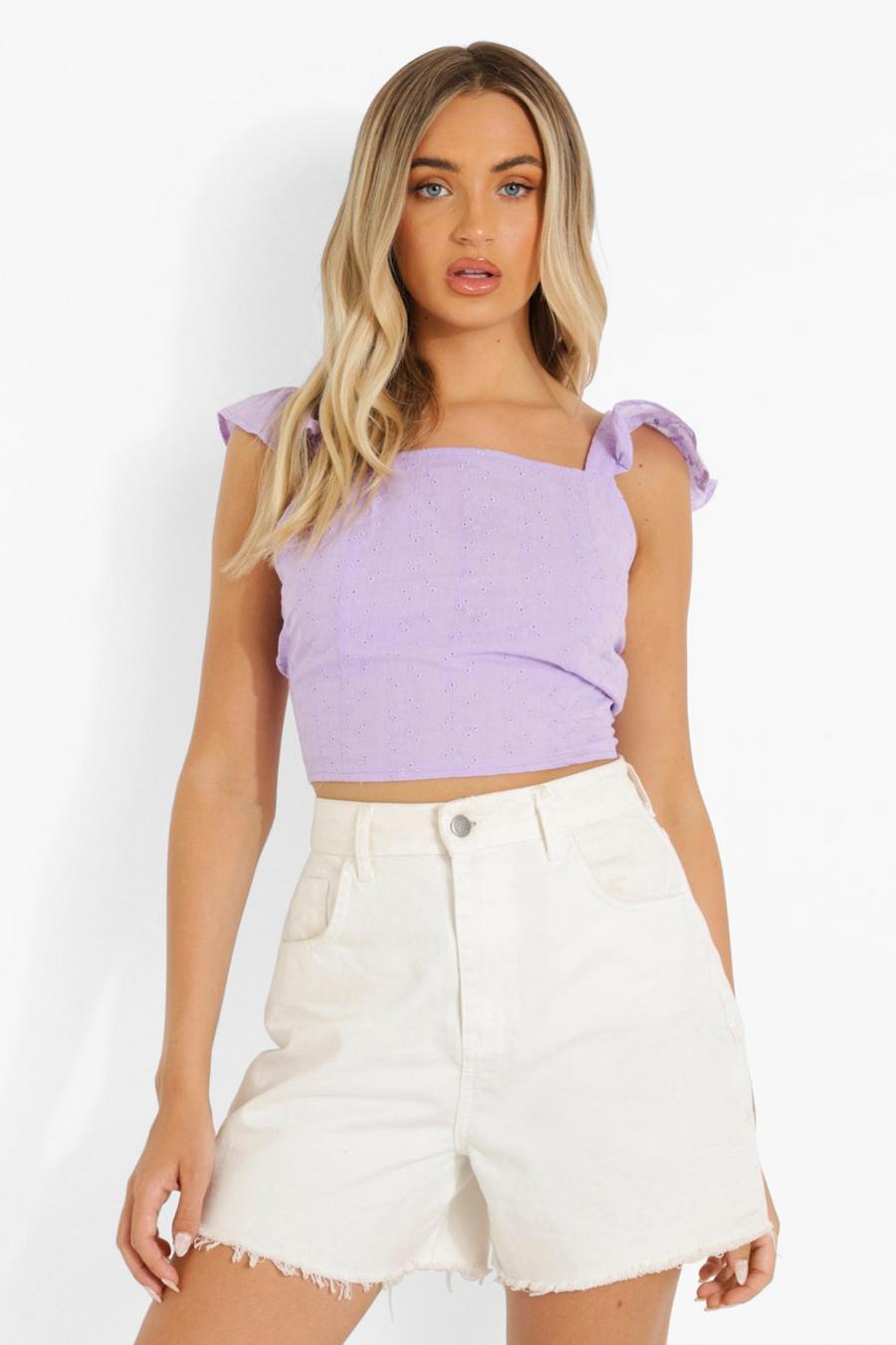 Lilac Crop top med broderie anglaise och öppen rygg image number 1