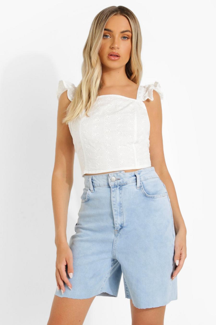 White Crop top med broderie anglaise och öppen rygg image number 1