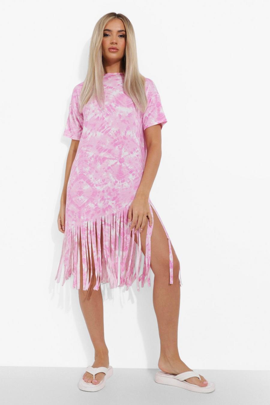 T-Shirt-Kleid mit Chain-Print und Fransensaum, Pink image number 1