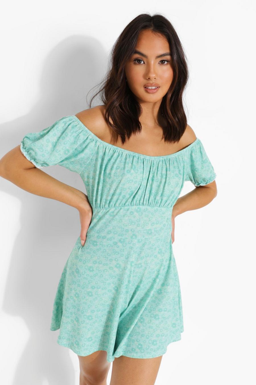 Turquoise Losse Playsuit Met Ruches En Pofmouwen image number 1