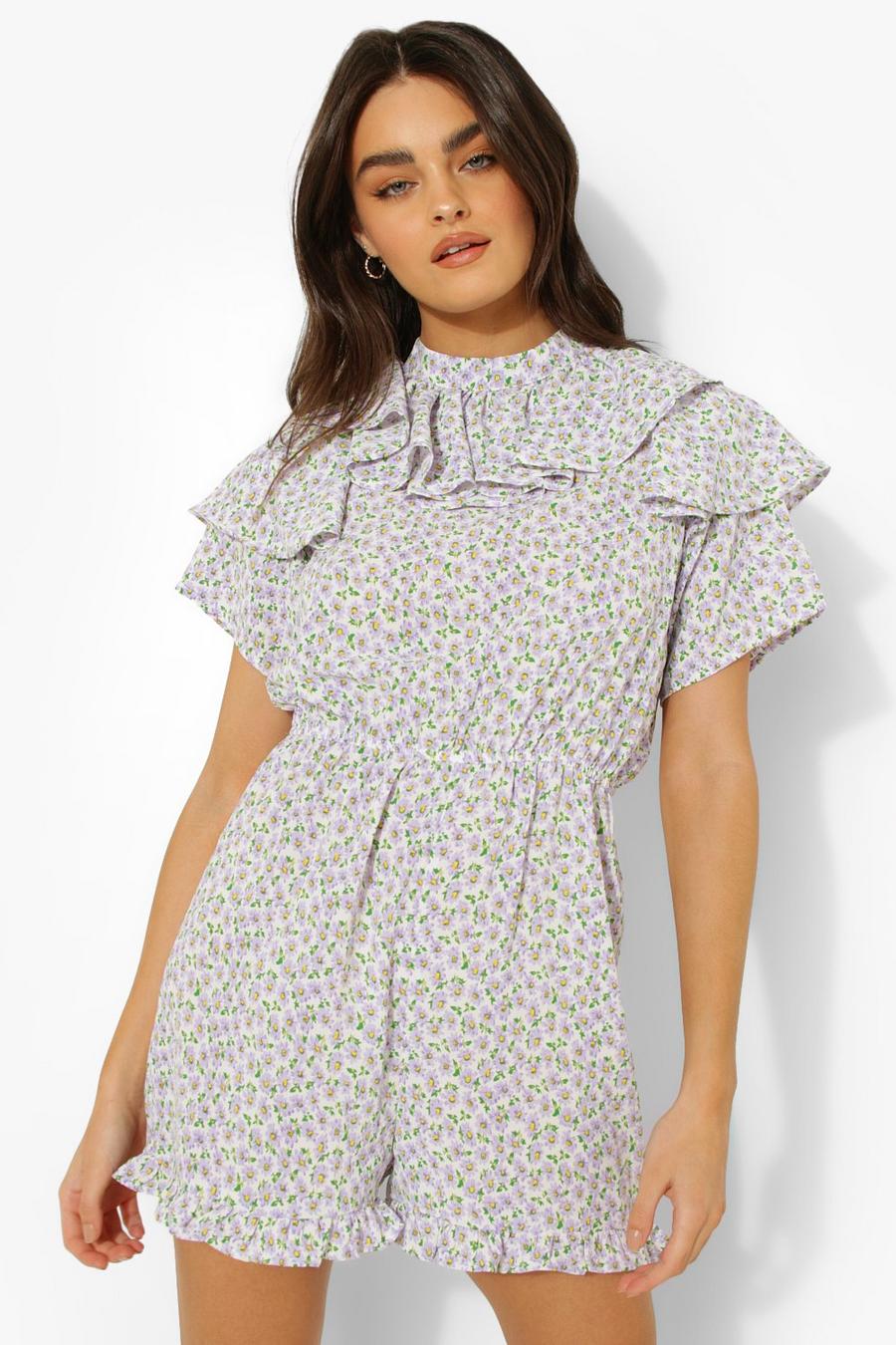 Lilac Floral High Neck Ruffle Playsuit image number 1