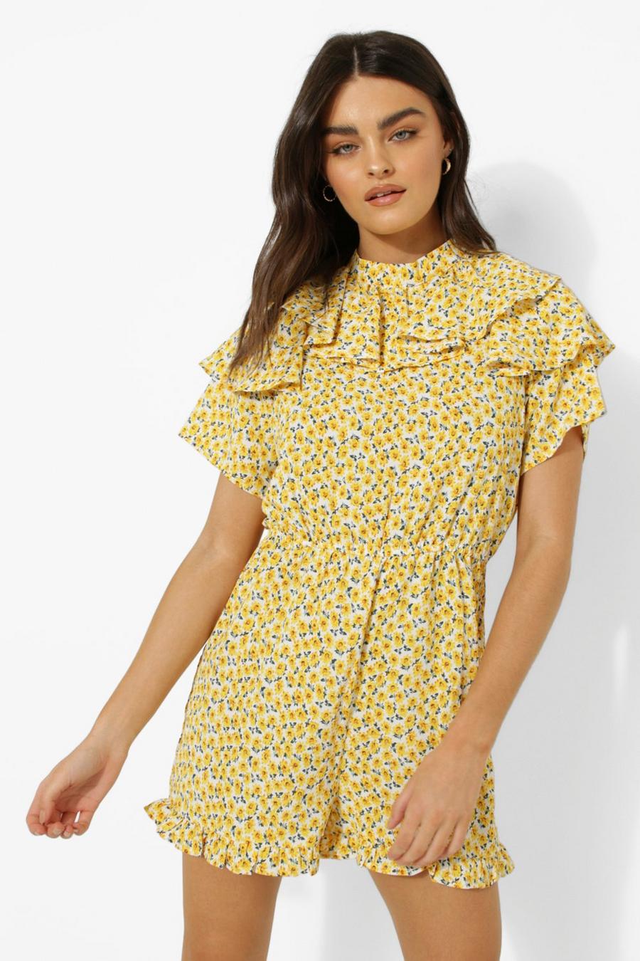 Yellow Floral High Neck Ruffle Playsuit image number 1