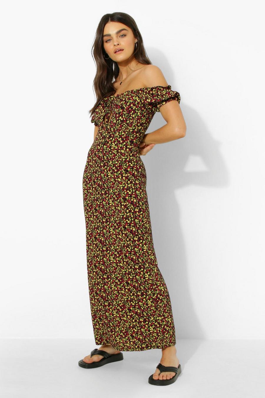 Red Floral Print Bardot Tie Maxi Dress image number 1