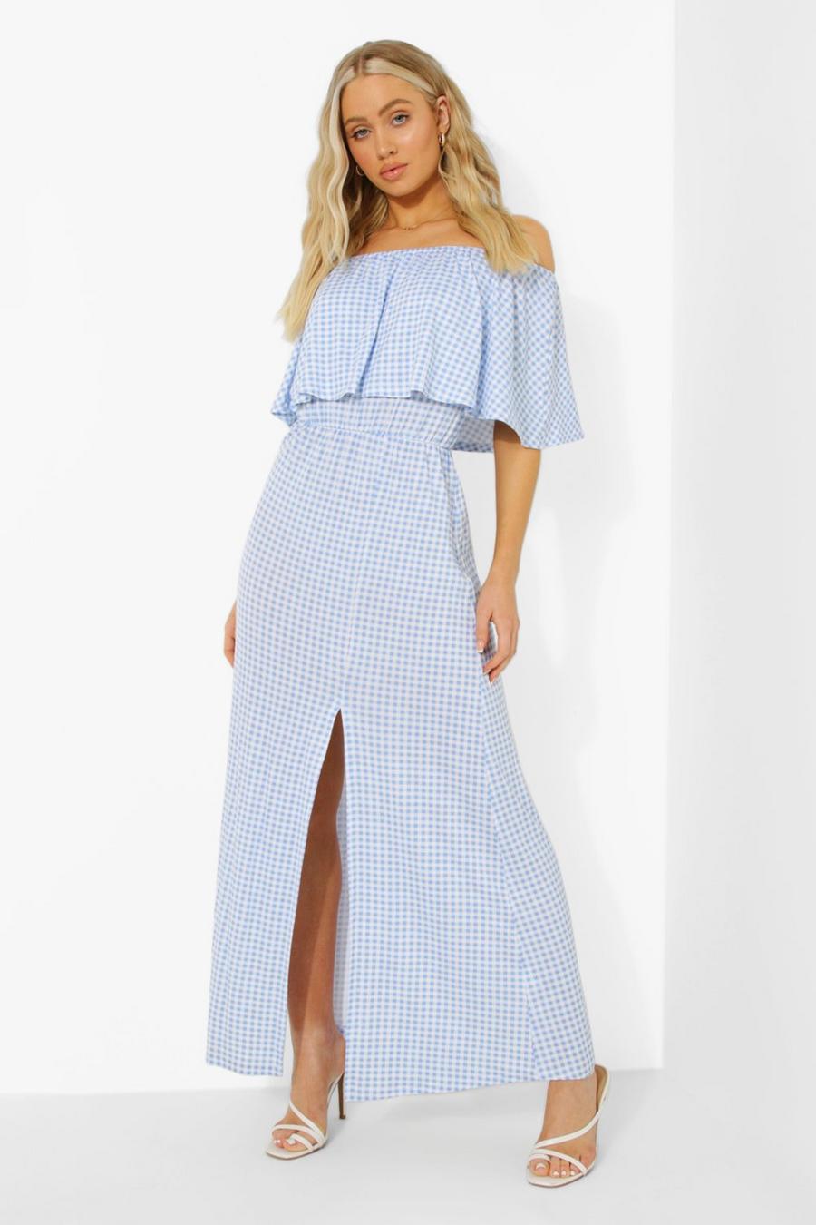 Blue Gingham Print Ruffle Off The Shoulder Maxi Dress image number 1