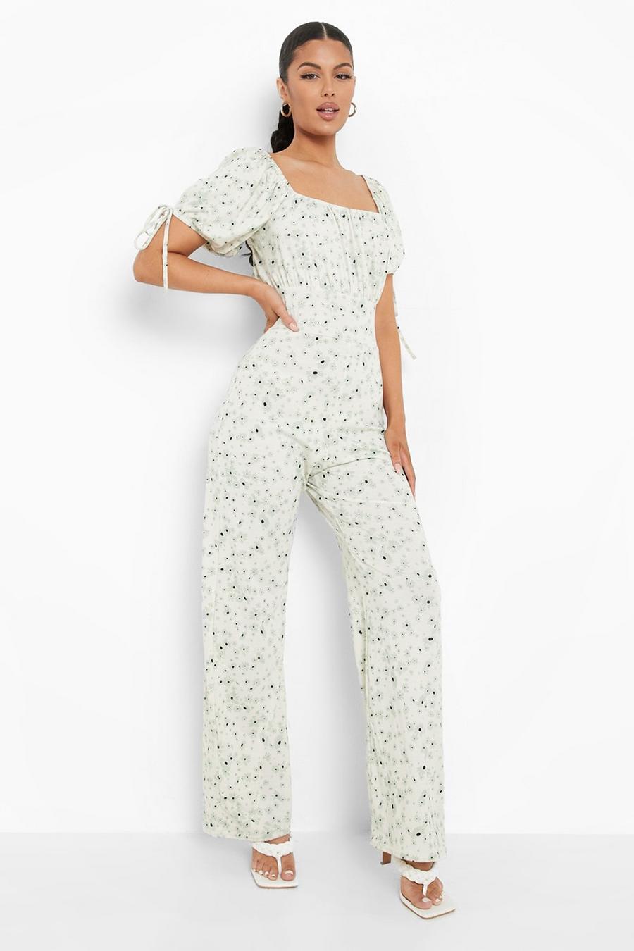 White Floral Puff Sleeve Wide Leg Jumpsuit image number 1