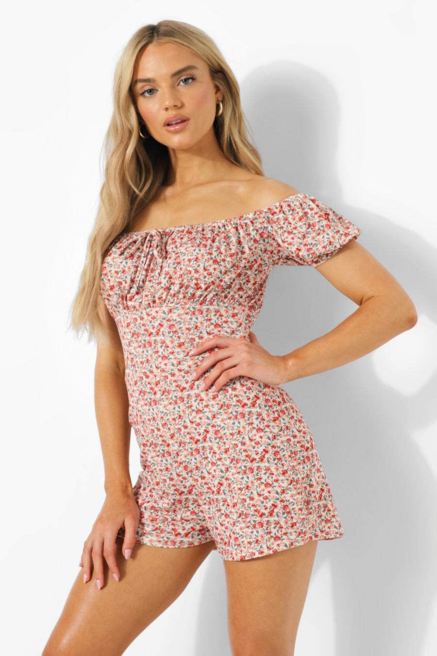 White Floral Tie Front Smock Playsuit image number 1