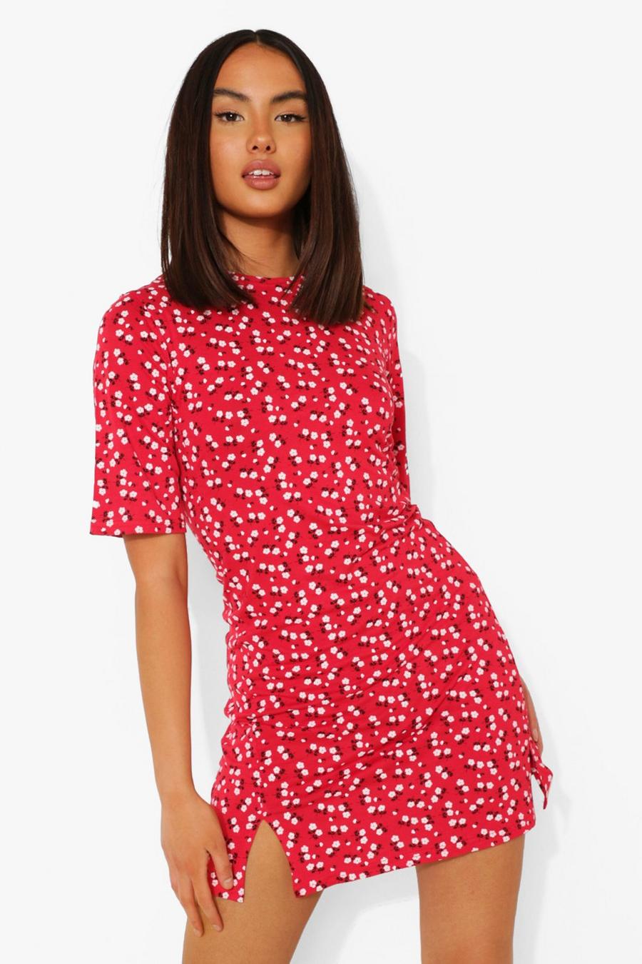 Red Ditsy Floral Split Detail T Shirt Dress image number 1
