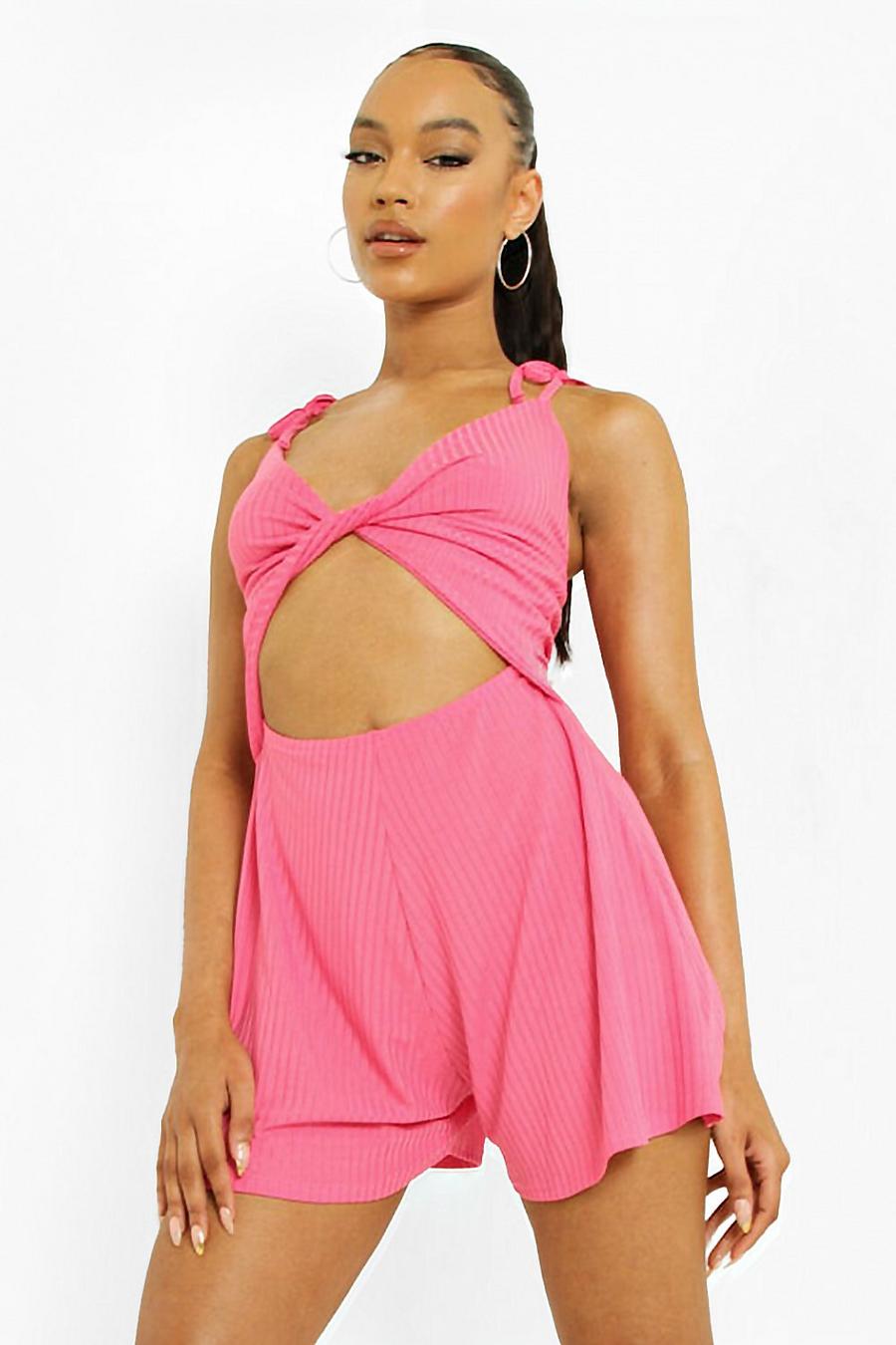 Hot pink Ribbed Cut Out Flippy Playsuit image number 1
