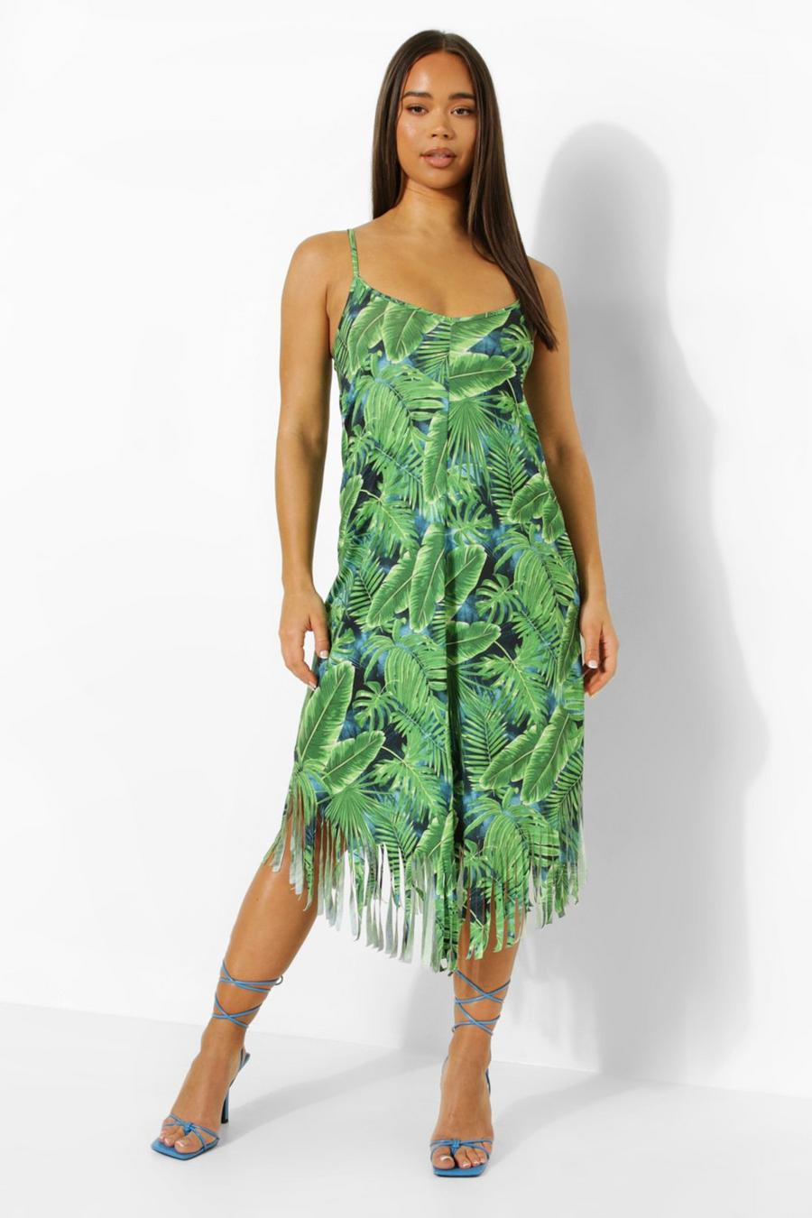Green Scarf Tassel Hem Cami Midi Dress image number 1
