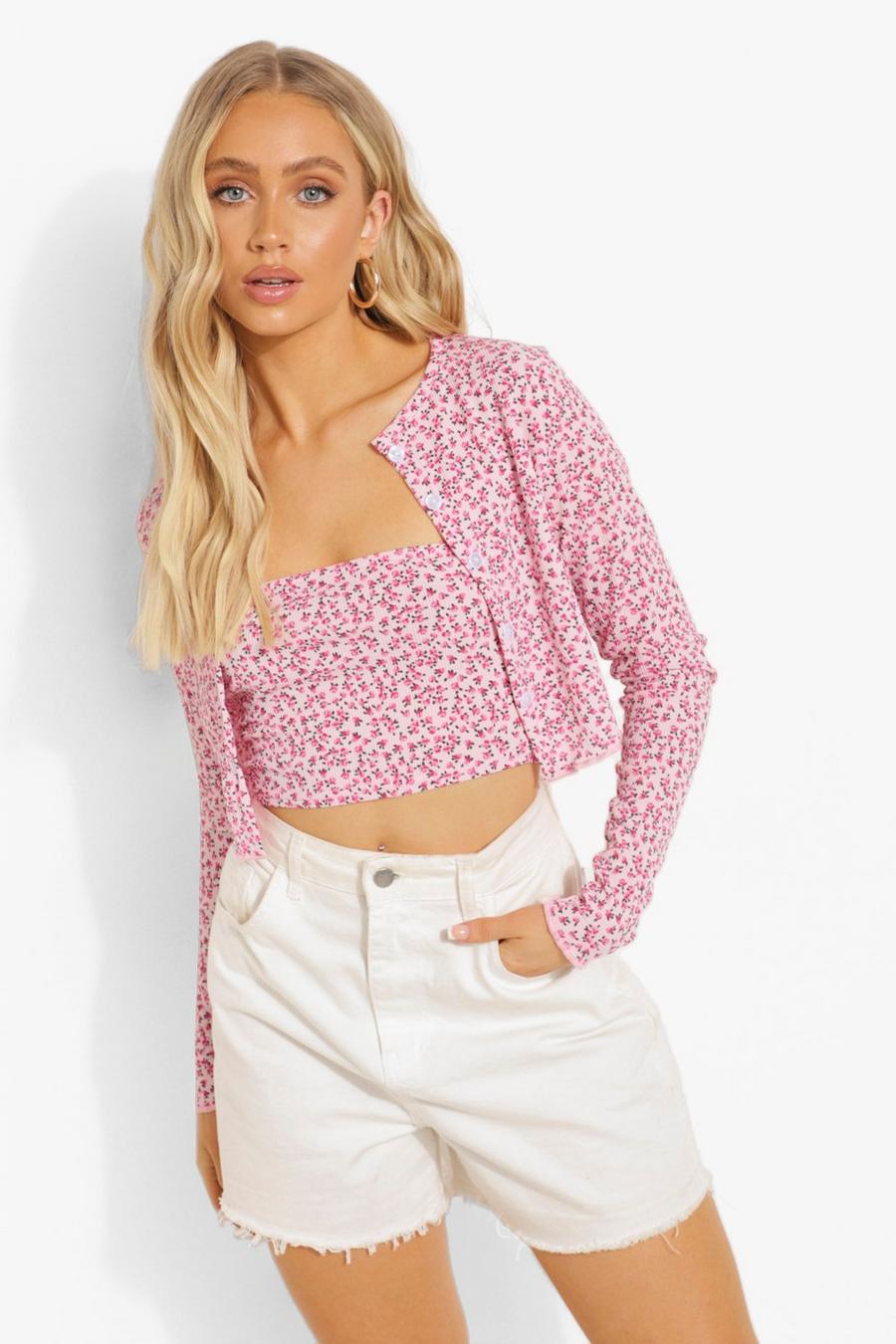 Baby pink Ditsy Print Cardigan And Bandeau Top image number 1