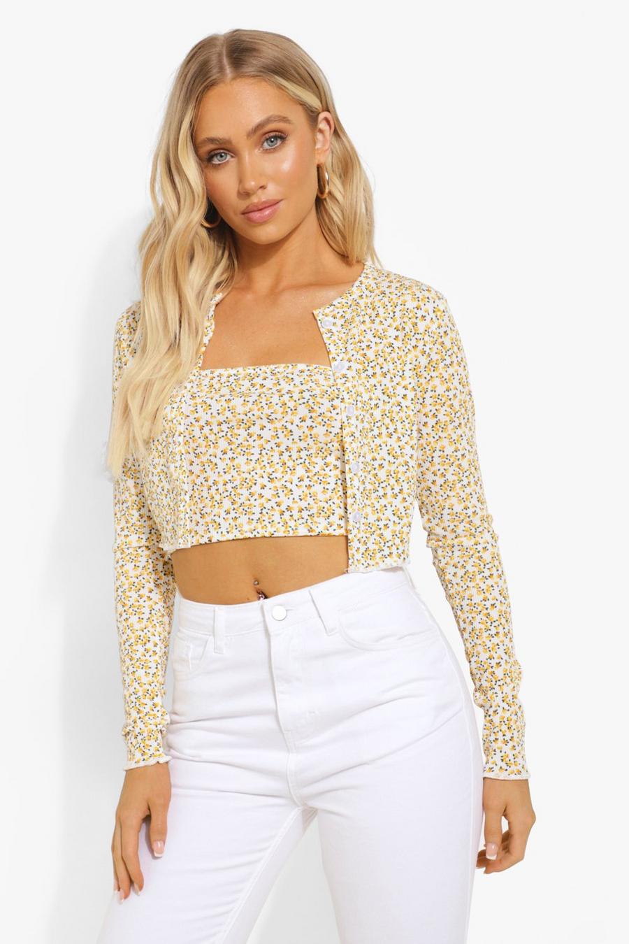 Yellow Ditsy Print Cardigan And Bandeau Top image number 1