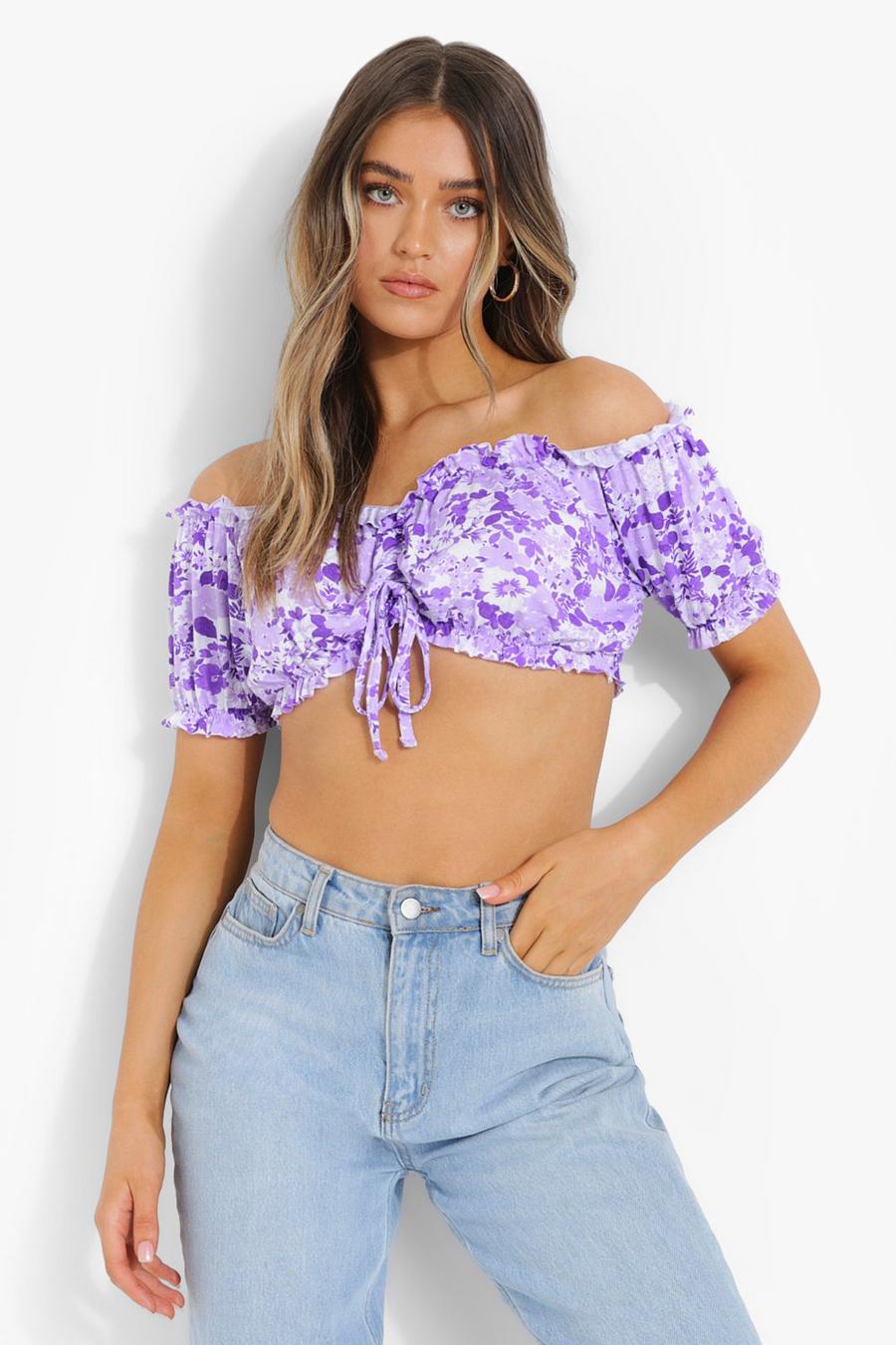 Crop top noué à fleurs et col bateau, Purple image number 1