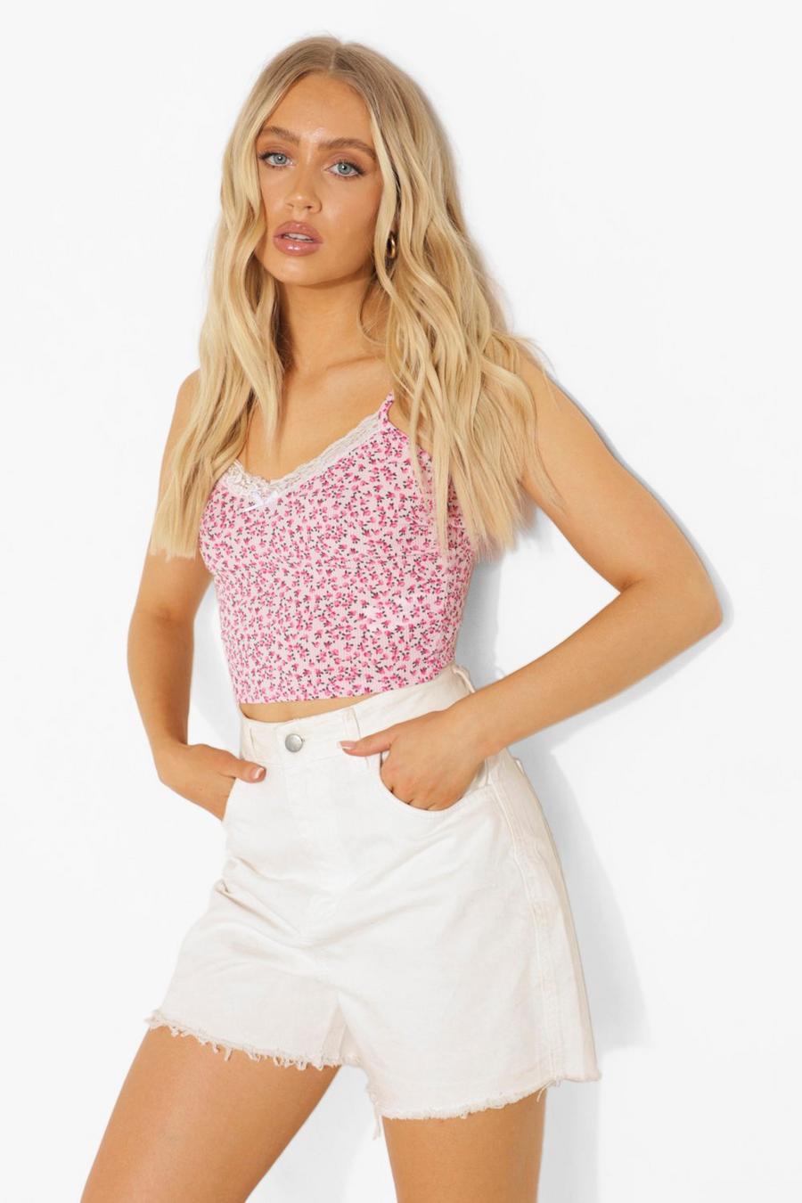 Baby pink Ditsy Print Lace Trim Cami Top image number 1