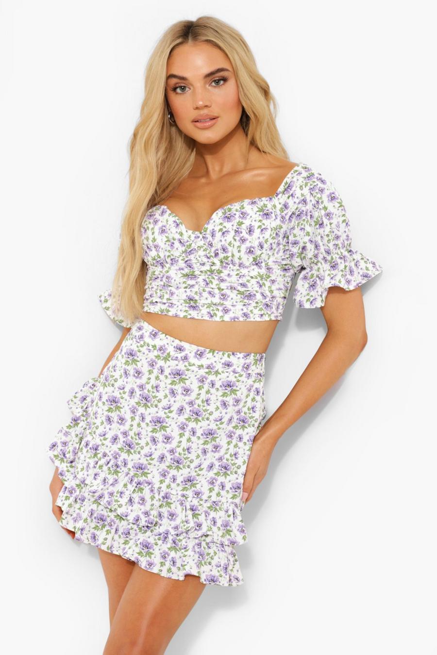 Lilac Ditsy Floral Ruched Ruffle Mini Skirt image number 1