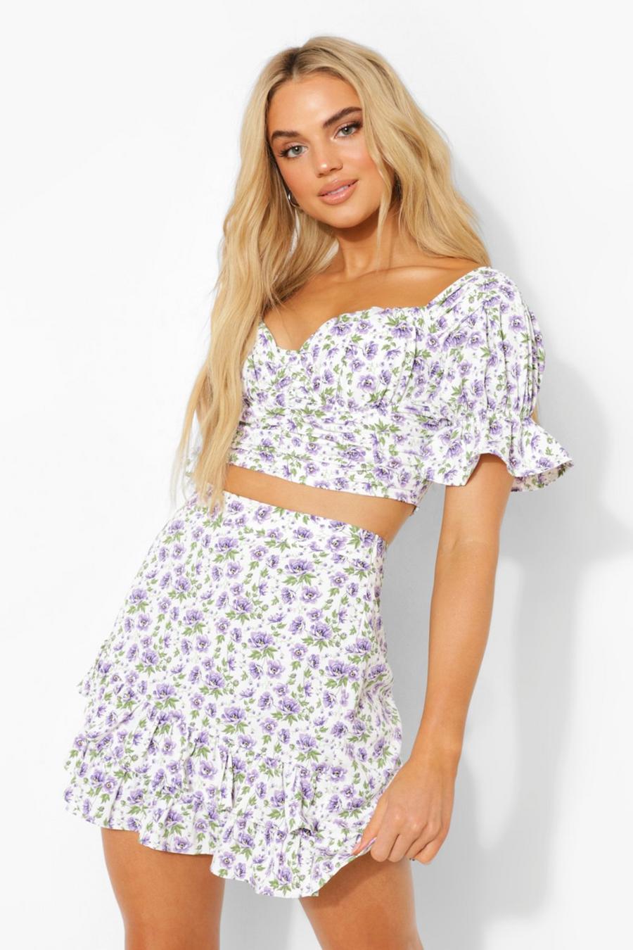 Lilac Ditsy Floral Ruched Corset Off The Shoulder Top image number 1