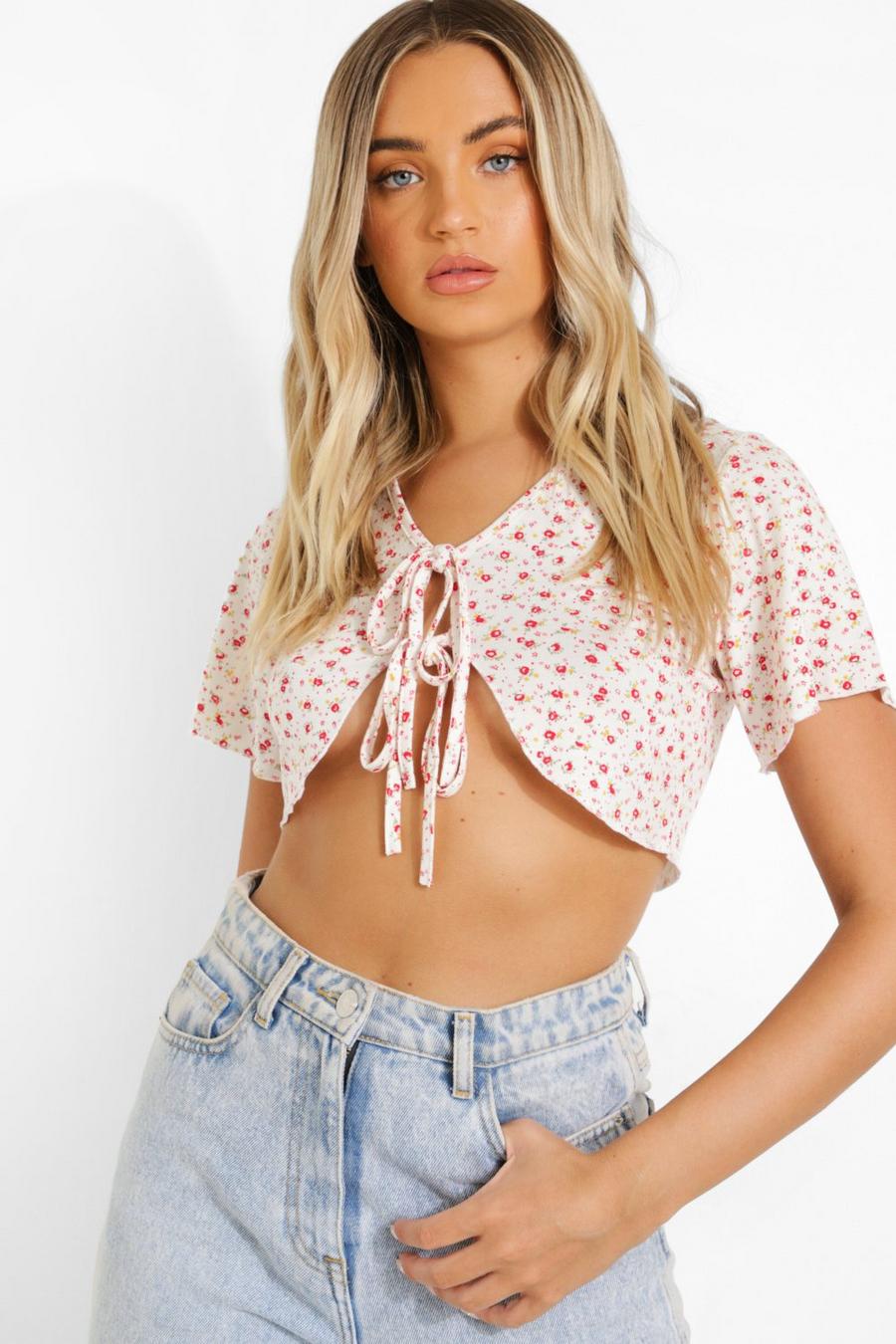 White Floral Tie Front Crop Top image number 1