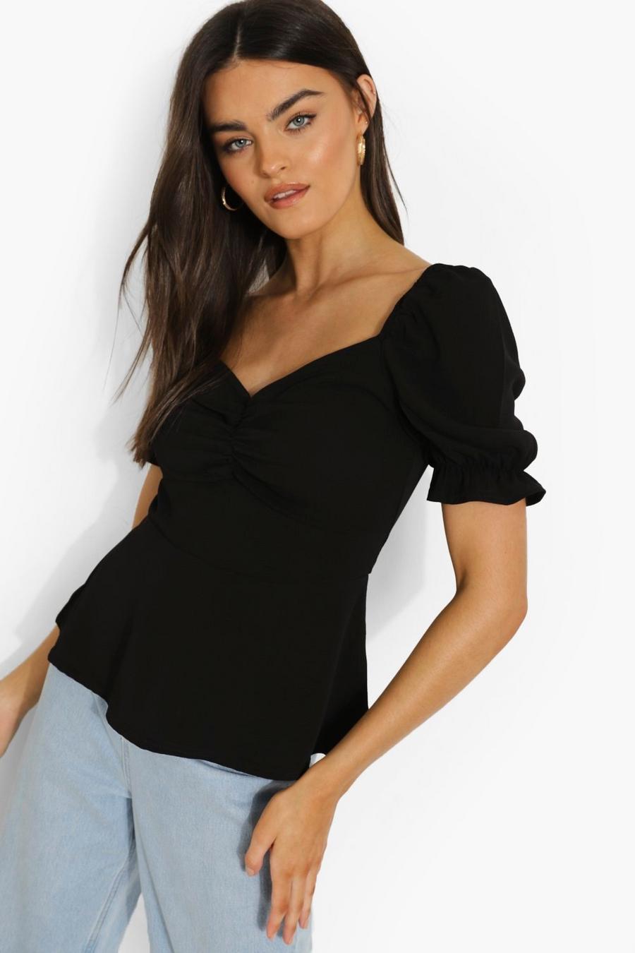 Black Puff Sleeve Sweetheart Neck Blouse image number 1