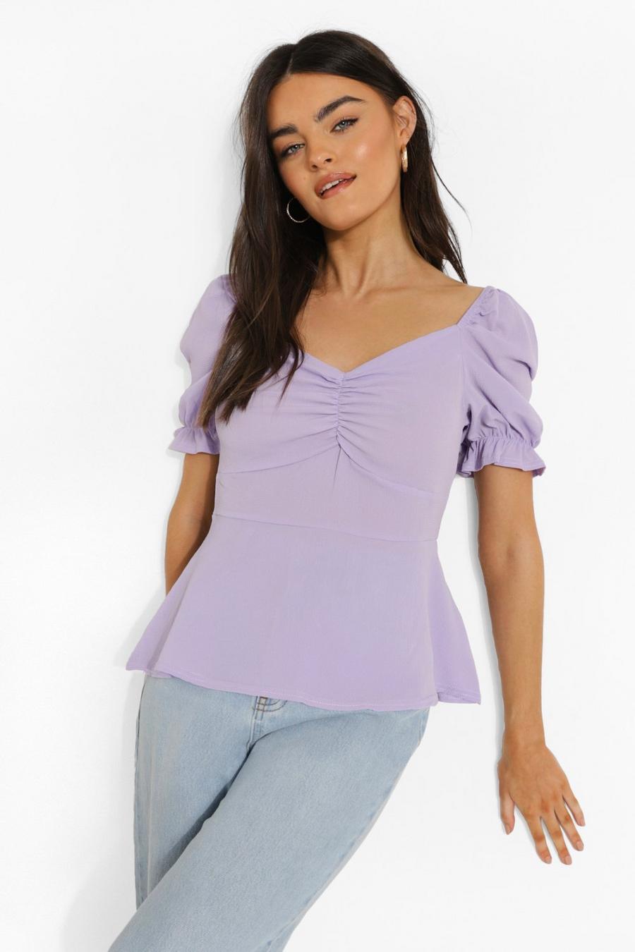 Lilac Puff Sleeve Sweetheart Neck Blouse image number 1