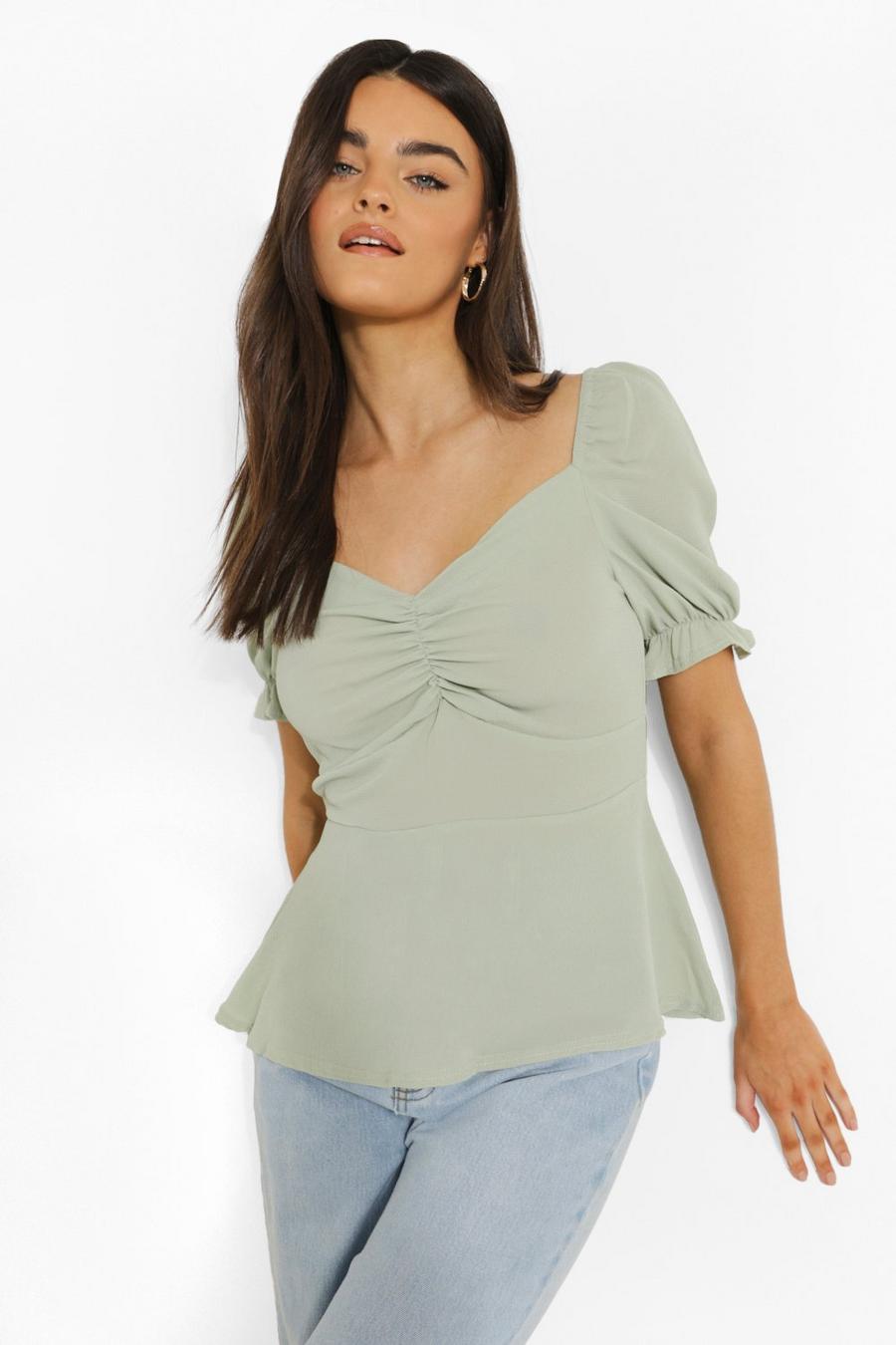 Mint Puff Sleeve Sweetheart Neck Blouse image number 1
