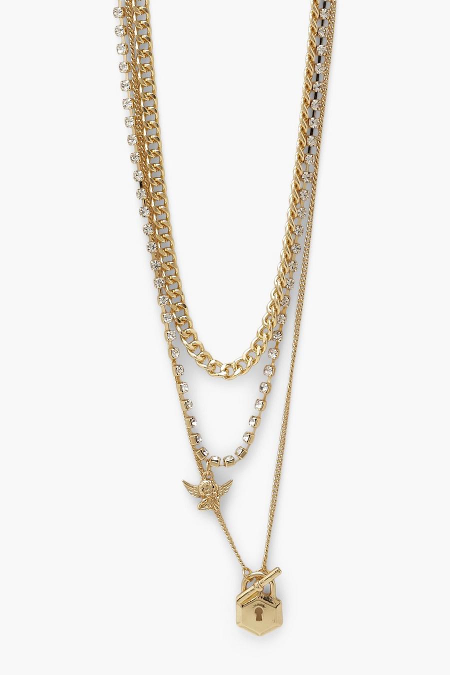 Gold Cherub Pendant Layered Diamante Necklace image number 1