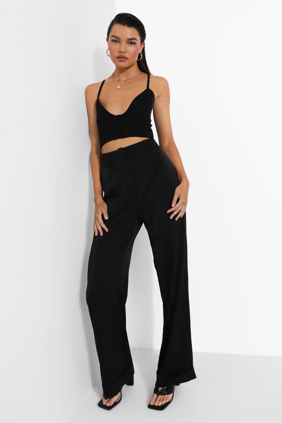 Black Wide Leg Woven Turn Up Trouser image number 1