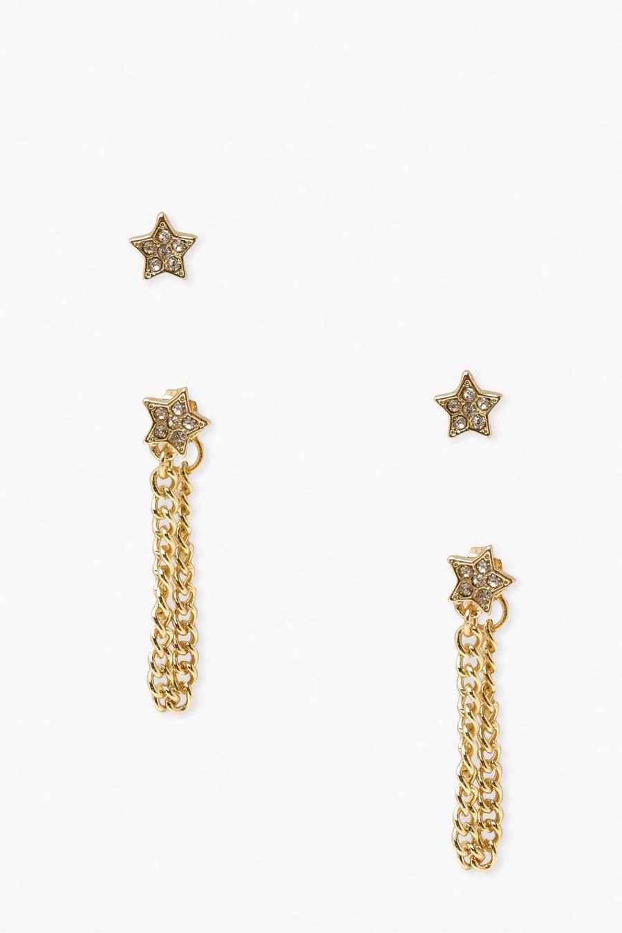 Lot de 2 paires de boucles d'oreilles style étoiles en strass, Gold image number 1