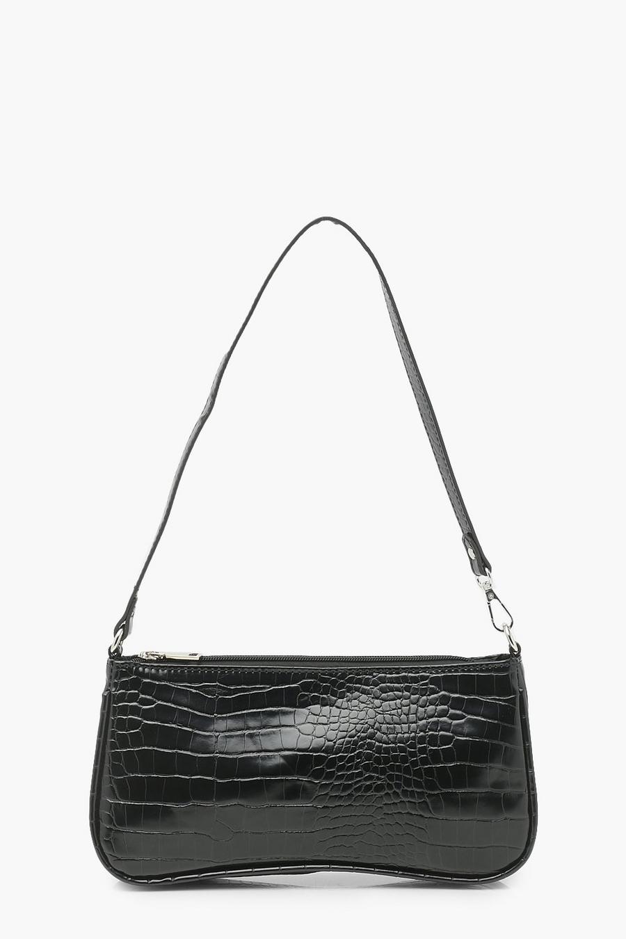 Black svart Handväska med krokodilskinnseffekt och dragkedja