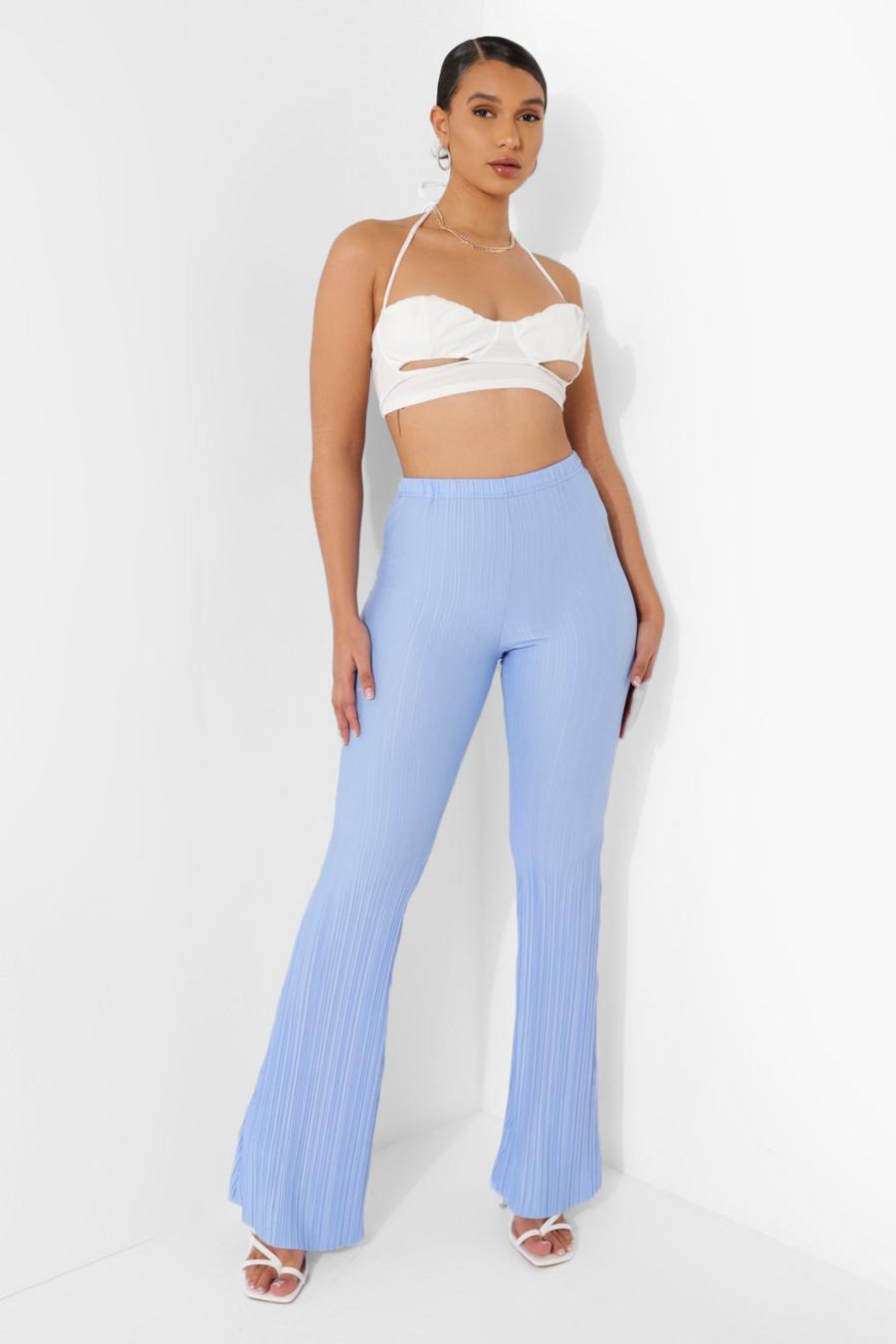Baby blue High Waisted Plisse Flared Pants image number 1